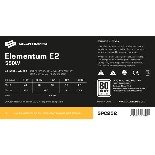 SilentiumPC zdroj 550W /  Elementum E2 /  120mm ventilátor /  Act. PFC /  80PLUS EU7