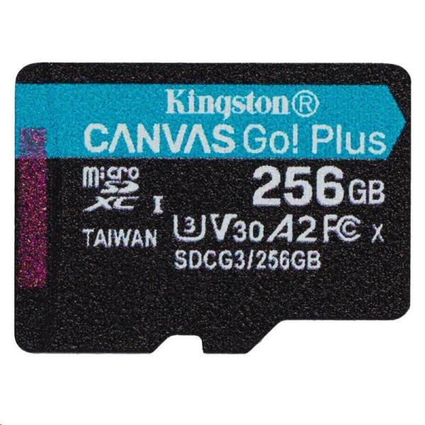 Kingston MicroSDXC karta 256GB Canvas Go! Plus,  R:170/ W:90MB/ s,  Class 10,  UHS-I,  U3,  V30,  A2 + Adaptér1