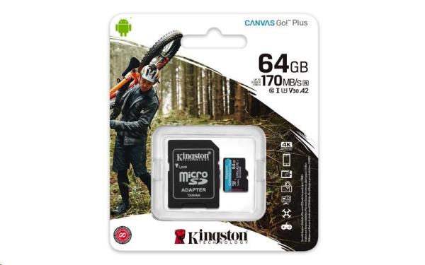 Kingston MicroSDXC karta 64GB Canvas Go! Plus,  R:170/ W:70MB/ s,  Class 10,  UHS-I,  U3,  V30,  A2 + Adaptér1