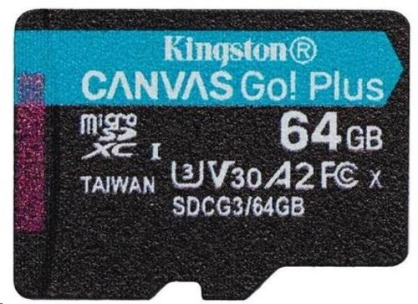 Kingston MicroSDXC karta 64GB Canvas Go! Plus,  R:170/ W:70MB/ s,  Class 10,  UHS-I,  U3,  V30,  A2 + Adaptér2