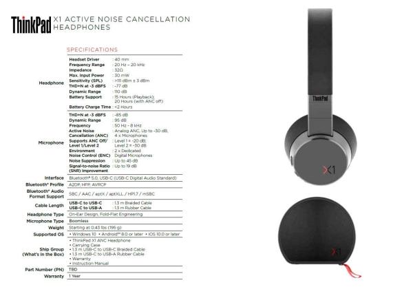 LENOVO sluchátka ThinkPad X1 Active Noise Cancellation Headphone - bezdrátové sluchátka, mic., potlačení šumu (ENC), ANC7