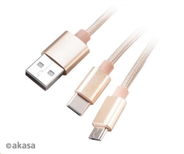 Kábel AKASA 2v1 z USB typu A na Micro-B a USB typu C,  120 cm,  zlatý