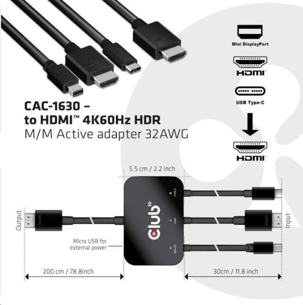 Club3D Active USB Type-C + Mini DP adaptér 1.2+ HDMI na HDMI 4K60Hz HDR,  M/ M,  32AWG1