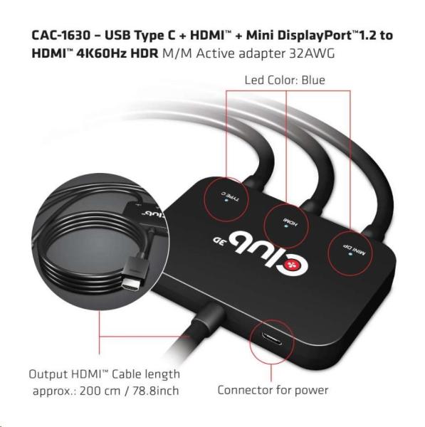 Club3D Active USB Type-C + Mini DP adaptér 1.2+ HDMI na HDMI 4K60Hz HDR,  M/ M,  32AWG4