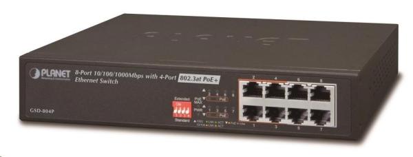 Planet GSD-804P rev.2 PoE Switch,  8x 10/ 100/ 1000,  4x PoE,  65W,  kov,  bez managementu,  fanless