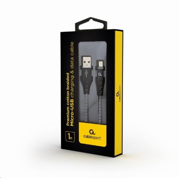 GEMBIRD CABLEXPERT USB 2.0 AM na MicroUSB (AM/ BM),  1 m,  opletený,  čiernobiely,  blister,  PREMIUM KVALITA1