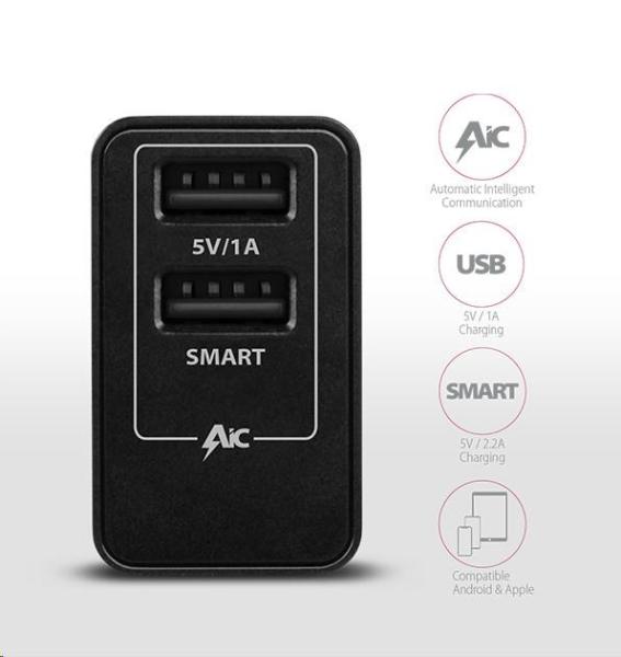 AXAGON ACU-DS16, SMART sieťová nabíjačka 16W, 2x USB-A port, 5V/2.2A + 5V/1A3