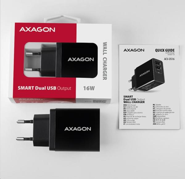 AXAGON ACU-DS16, SMART sieťová nabíjačka 16W, 2x USB-A port, 5V/2.2A + 5V/1A5