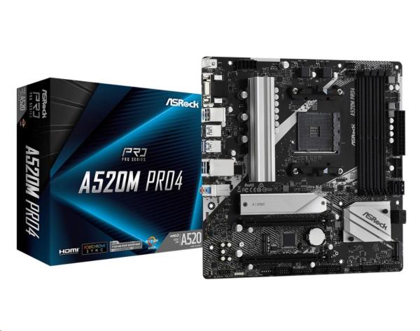 ASRock MB Sc AM4 A520M PRO4, AMD A520, 4xDDR4, HDMI, DP4