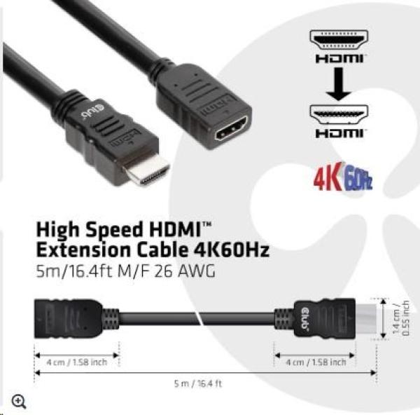 Club3D Kabel prodlužovací Rychlý HDMI 4K60HZ (M/F), 5m, černá, 26 AWG1