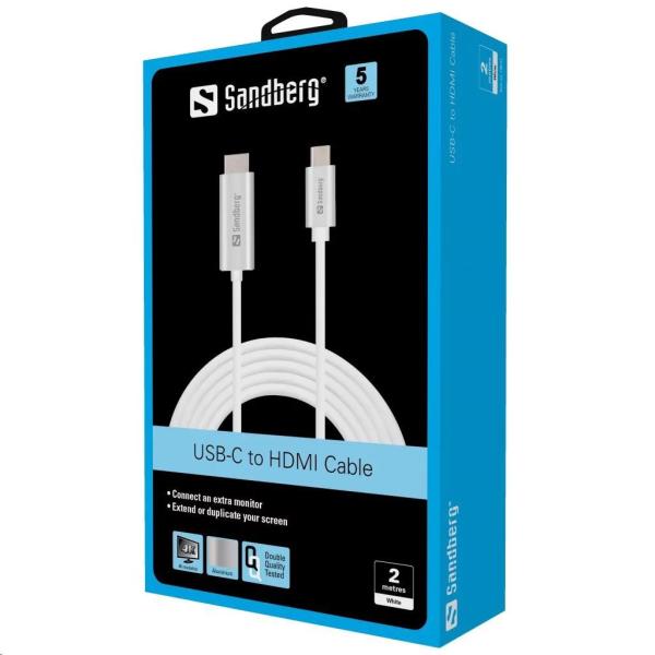 Dátový kábel Sandberg USB-C -> HDMI,  podpora 4K,  dĺžka 2 m,  biely1