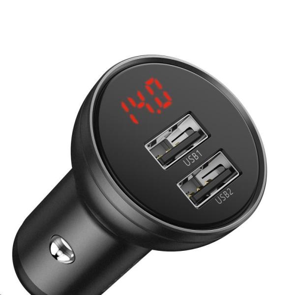 Baseus Digital Display duálny adaptér do auta 2* USB-A a opletený kábel 3v1 4,8A, čierny4