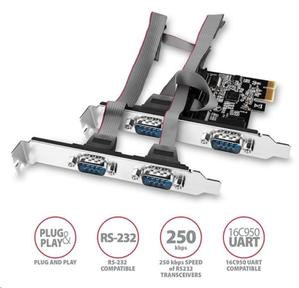 AXAGON PCEA-S4N,  PCIe radič - 4x sériový port (RS232) 250 kbps,  vrátane. LP1