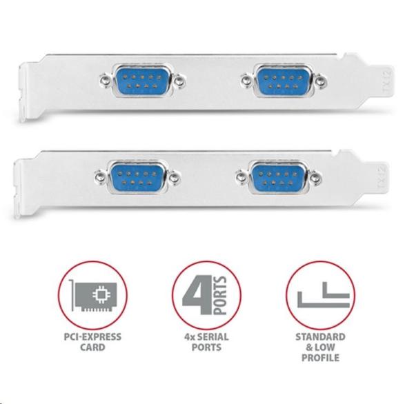 AXAGON PCEA-S4N,  PCIe radič - 4x sériový port (RS232) 250 kbps,  vrátane. LP2