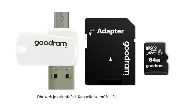 GOODRAM microSDXC karta 64GB M1A4 All-in-one (R:100/ W:10 MB/ s),  UHS-I Class 10,  U1 + Adapter + OTG card reader/ čtečka