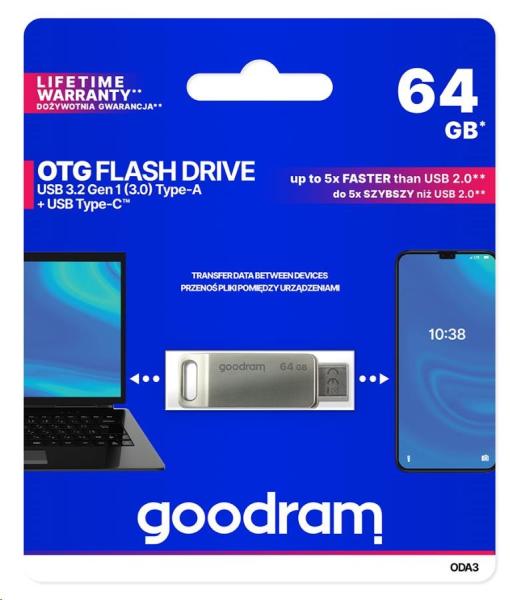 GOODRAM Flash Disk 64GB ODA3,  USB 3.2,  strieborná4