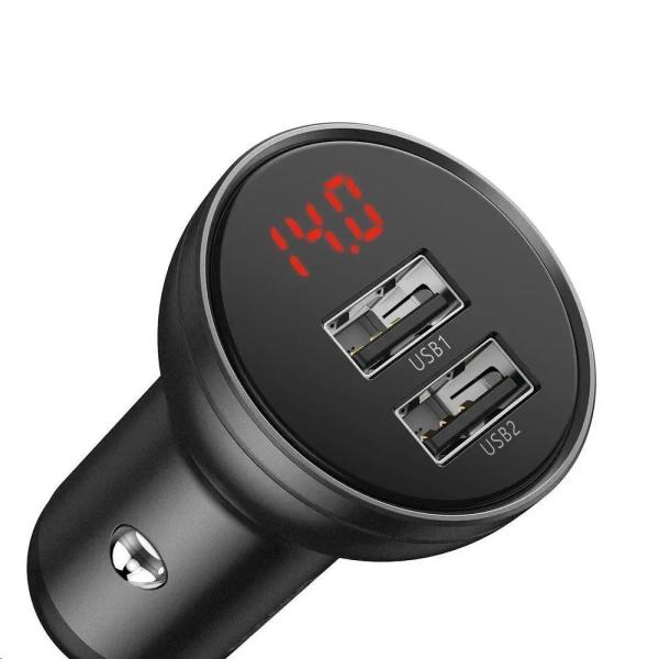 Baseus duálny USB adaptér do auta s displejom 4, 8A 24W,  sivý
