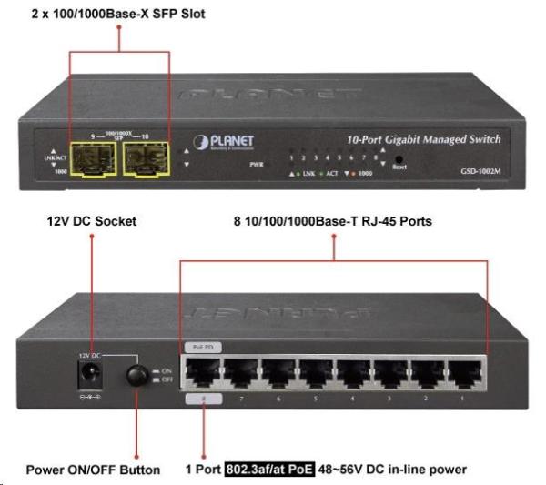 Planet GSD-1002M Switch,  8 x 10/ 100/ 1000 + 2 x 100/ 1000 Combo port,  management,  PoE-in napájení1