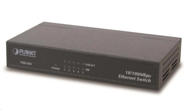 Planet FSD-503 Switch,  5x 10/ 100Base-TX,  10",  kov,  fanless
