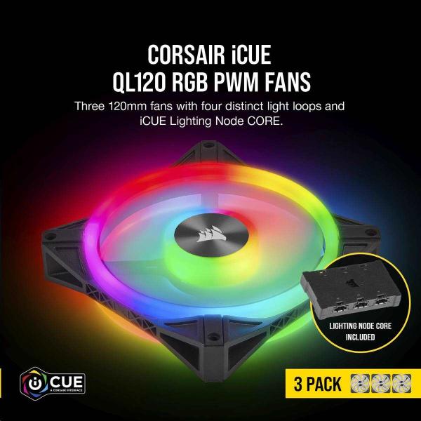 CORSAIR QL Series QL120 RGB LED ventilátor,  3x 120mm,  26dBA,  Lighting Node CORE1
