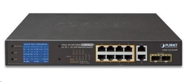 Planet GSD-1222VHP Switch,  8x PoE + 2x 1000Base-T + 2x SFP,  LCD, VLAN,  extend mód 10Mb do 250m,  IEEE 802.3at 120W1