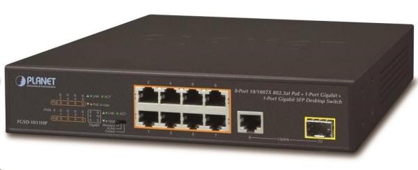 Planet FGSD-1011HP Switch,  8x 10/ 100 PoE,  1x TP + 1x SFP 1000Base-X,  extend mód 10Mb,  ESD,  802.3at 120W,  fanless