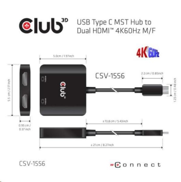 Club3D Video hub MST (Multi Stream Transport) USB-C 3.2 na HDMI 2.0,  Duálny monitor 4K60Hz2