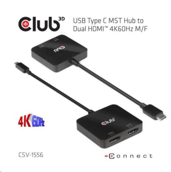 Club3D Video hub MST (Multi Stream Transport) USB-C 3.2 na HDMI 2.0,  Duálny monitor 4K60Hz4