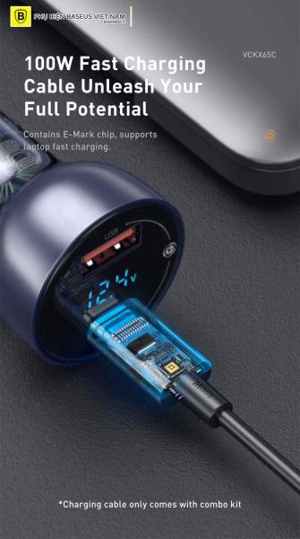 Baseus Particular Digital Display duálny adaptér do auta USB-A QC + USB-C 65W a kábel USB-C/ C 100W 1m,  sivý7