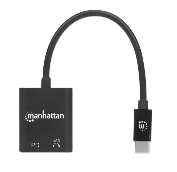 MANHATTAN USB 2.1 zvukový adaptér,  USB Type-C na C/ F (audio) a C/ F (PD) čierny,  maloobchodná krabica1