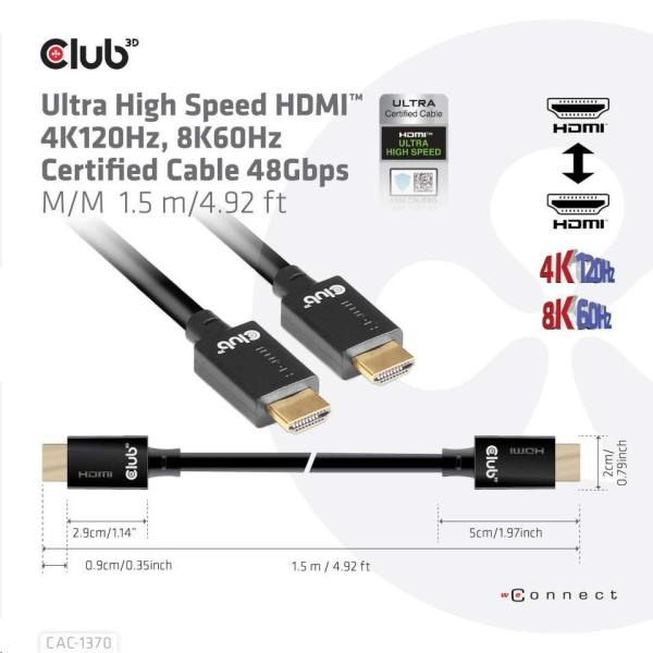 Club3D Adaptér HDMI 2.1 Ultra Rychlý HDMI™ Certifikovaný 4K120Hz,  8K60Hz,  48Gbps (M/ M 1.5 m/ 4.92 ft),  28 AWG3