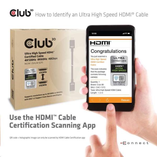 Club3D Adaptér HDMI 2.1 Ultra Rychlý HDMI™ Certifikovaný 4K120Hz,  8K60Hz,  48Gbps (M/ M 1.5 m/ 4.92 ft),  28 AWG6