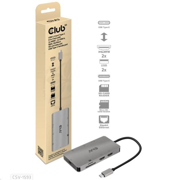 Club3D Dokovací stanice 8v1 USB 3.2 typ C (2xHDMI, 2xUSB-A, RJ45, SD/ Micro SD USB Type-C female port), Triple Dynamic