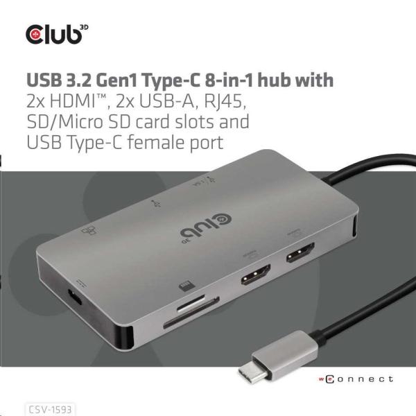 Dokovacia stanica Club3D 8v1 USB 3.2 porty typu C (2xHDMI,  2xUSB-A,  RJ45,  SD/  Micro SD USB Type-C female),  Triple Dynam2