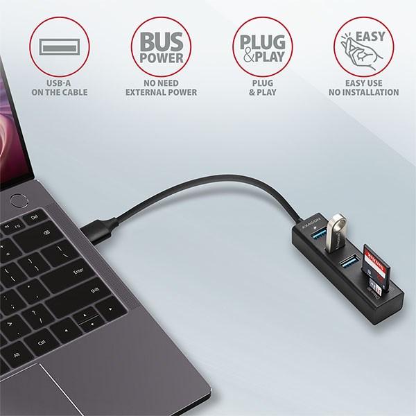 AXAGON HMA-CR3A,  USB 3.rozbočovač 2. generácie,  3x porty USB-A + čítačka kariet SD/ microSD,  kov,  20 cm kábel USB-A3