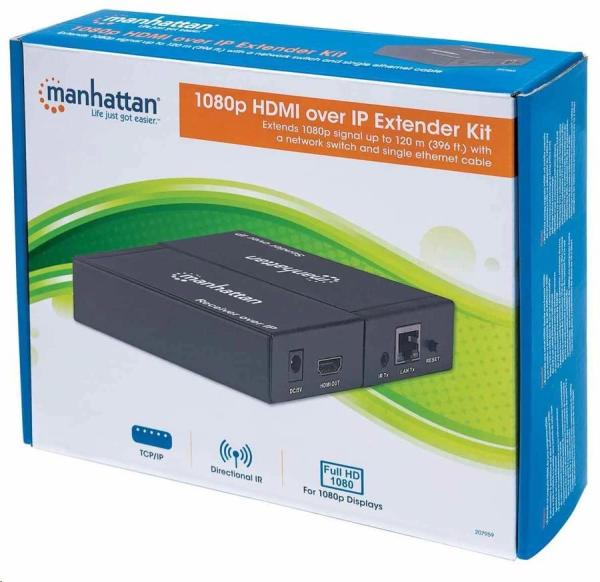 Manhattan HDMI Splitter,  predlžuje signál 1080p až na 120 m pomocou sieťového prepínača a jedného ethernetového kábla,  6