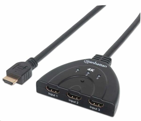 Manhattan HDMI Switch,  3-portový prepínač HDMI 4K,  4K@60Hz,  napájaný z USB,  čierny