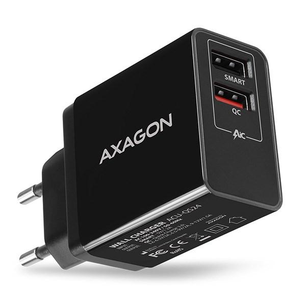 AXAGON ACU-QS24,  sieťová nabíjačka QC & SMART 24 W,  2x port USB-A,  QC3.0/ AFC/ FCP + 5V/ 1, 2A