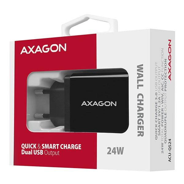 AXAGON ACU-QS24, sieťová nabíjačka QC & SMART 24 W, 2x port USB-A, QC3.0/AFC/FCP + 5V/1,2A8