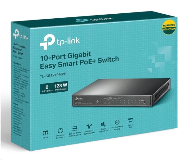 TP-Link CCTV Easy Smart switch TL-SG1210MPE (8xGbE,  1xGbE uplink,  1xGbE/ SFP combo uplink,  8xPoE+,  123W,  fanless)1