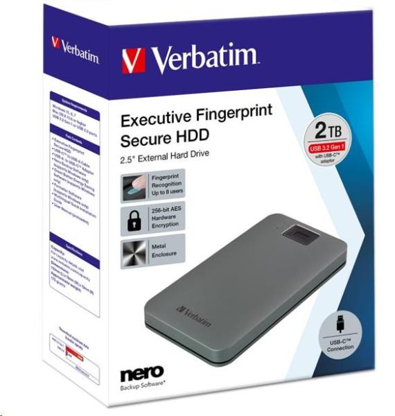 VERBATIM externý HDD 2.5" 1TB,  Executive Fingerprint Secure,  USB 3.2 Gen 1 /  USB-C,  sivá1