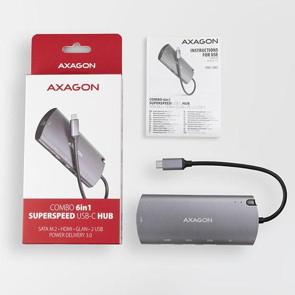 AXAGON HMC-6M2, USB 3.rozbočovač 2 Gen 1, 2x USB-A, HDMI, RJ-45 GLAN, SATA M.2 sloty, PD 100 W, kábel USB-C 18 cm9