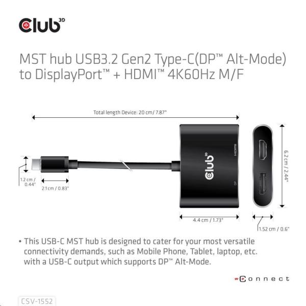 Club3D hub MST (Multi Stream Transport) USB3.2 Gen2 Type-C (DP Alt-Mode) na DisplayPort + HDMI 4K60Hz (M/ F)4