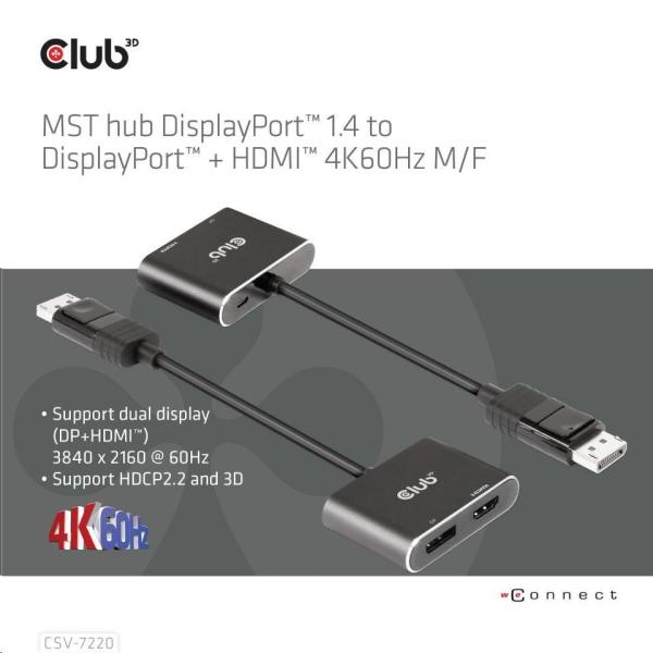 Club3D hub MST (Multi Stream Transport) DisplayPort 1.4 na DisplayPort + HDMI 4K60Hz (M/ F)5