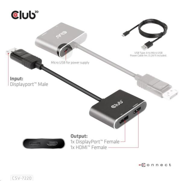 Club3D hub MST (Multi Stream Transport) DisplayPort 1.4 na DisplayPort + HDMI 4K60Hz (M/ F)0