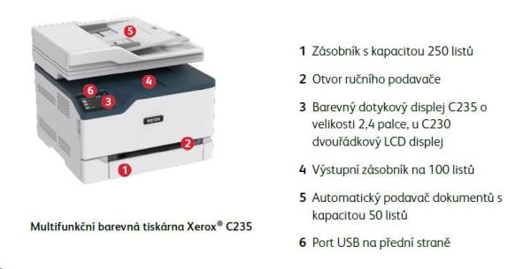 Xerox C235V_DNI,  farebný laser. multifunkcia,  A4,  22 strán za minútu,  obojstranný tlač,  ADF,  WiFi/ USB/ Ethernet,  512 MB 1