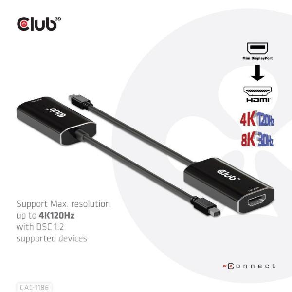Club3D aktívny mini DisplayPort adaptér 1.4 na HDMI 4K120Hz s DSC1.2 M/F2