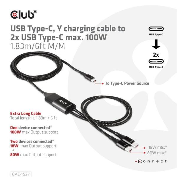 Nabíjací kábel Club3D USB Type-C,  nabíjací kábel Y na 2x USB Type-C max. 100W,  1.83m/ 6ft M/ M3