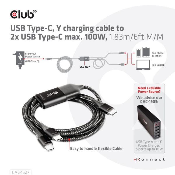 Nabíjací kábel Club3D USB Type-C,  nabíjací kábel Y na 2x USB Type-C max. 100W,  1.83m/ 6ft M/ M6