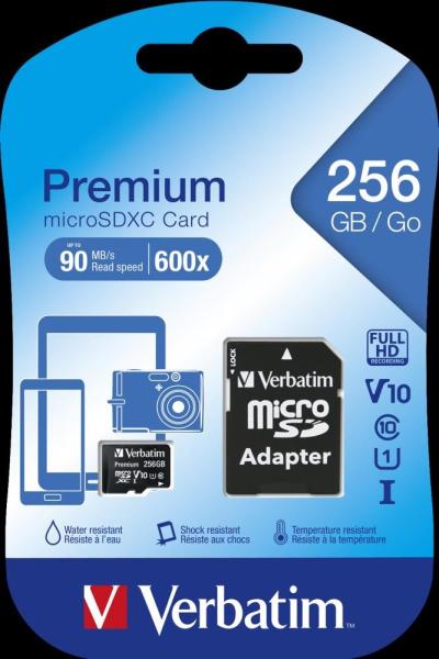 Karta VERBATIM MicroSDXC 256GB Premium,  U1 + adaptér
